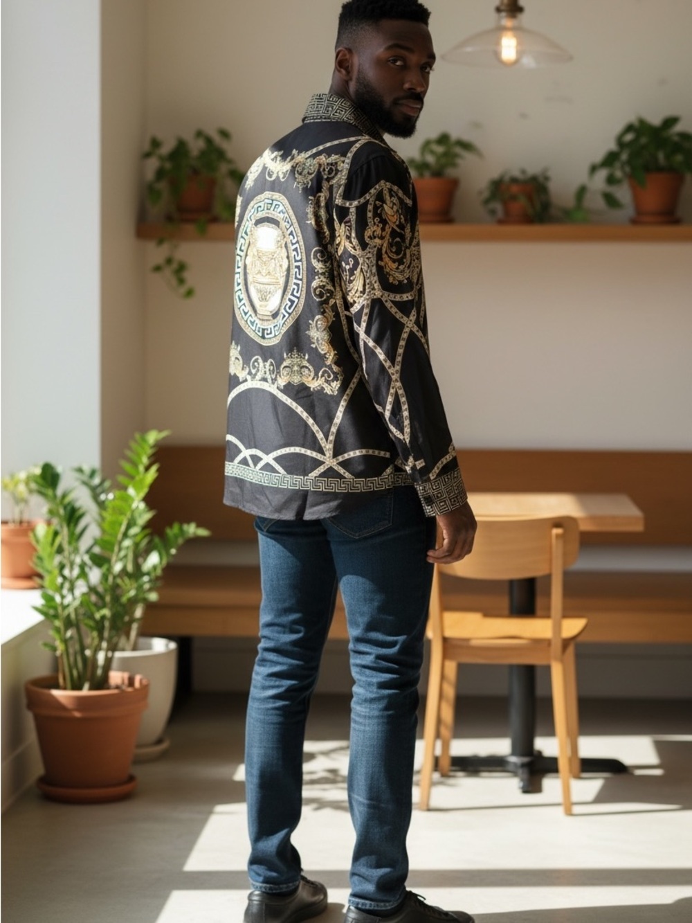 Baroque-Print Button-Up Shirt in Black and Gold - Picture 5 of 15